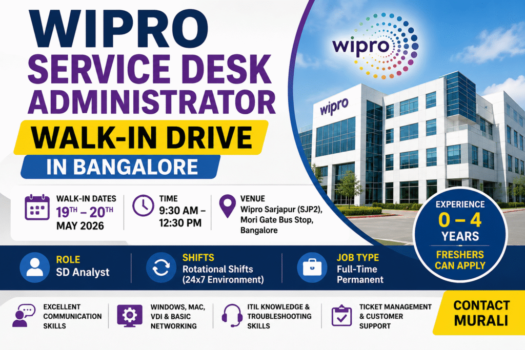 Wipro Walk-in Drive for Service Desk Administrator in Bangalore
